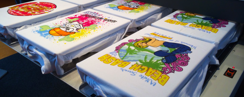 lots of vibrant DTG printing design on the T-shirts