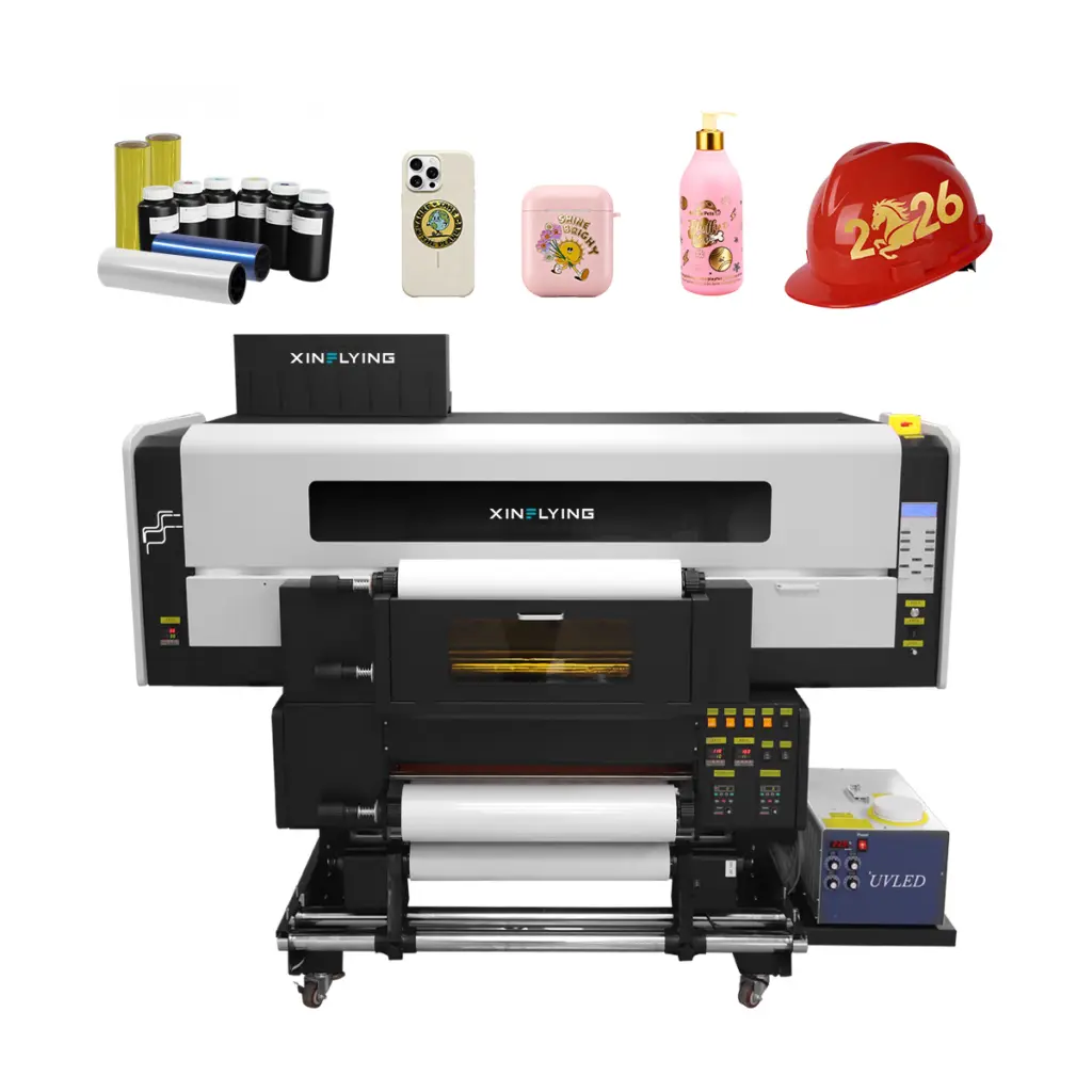 UV DTF printer printing colorful adhesive film for product customization