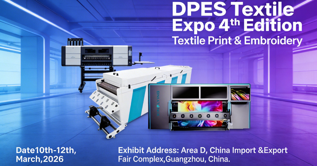 DTF printer machines displayed at DPES Textile Expo 2026 Guangzhou textile printing exhibition